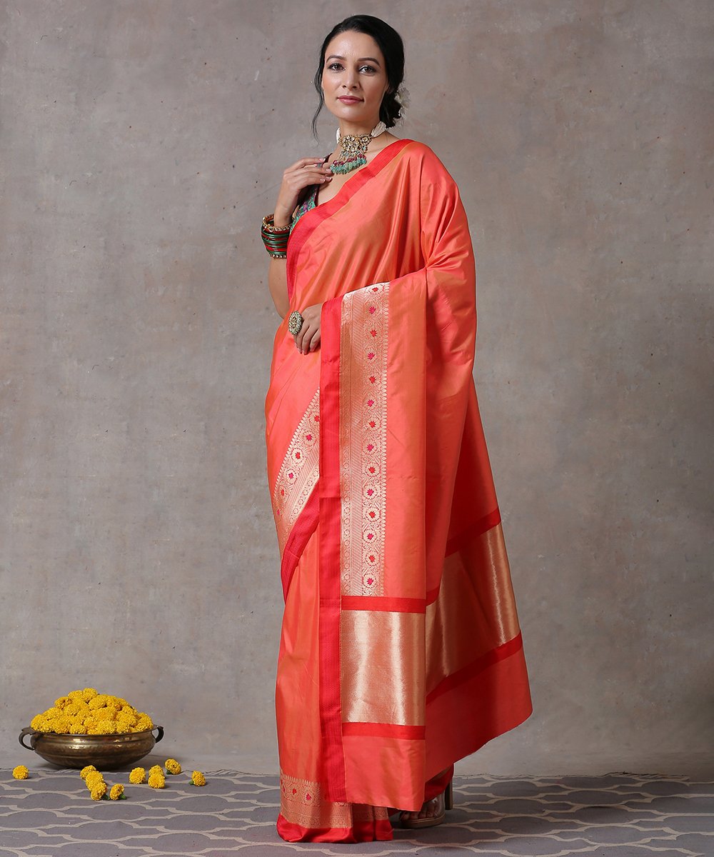Orange_Handloom_Pure_Katan_Silk_Plain_Banarasi_Saree_With_Red_Border_WeaverStory_02