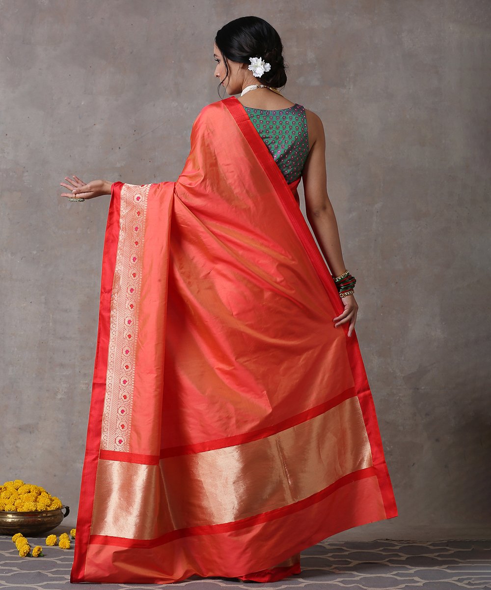 Orange_Handloom_Pure_Katan_Silk_Plain_Banarasi_Saree_With_Red_Border_WeaverStory_03