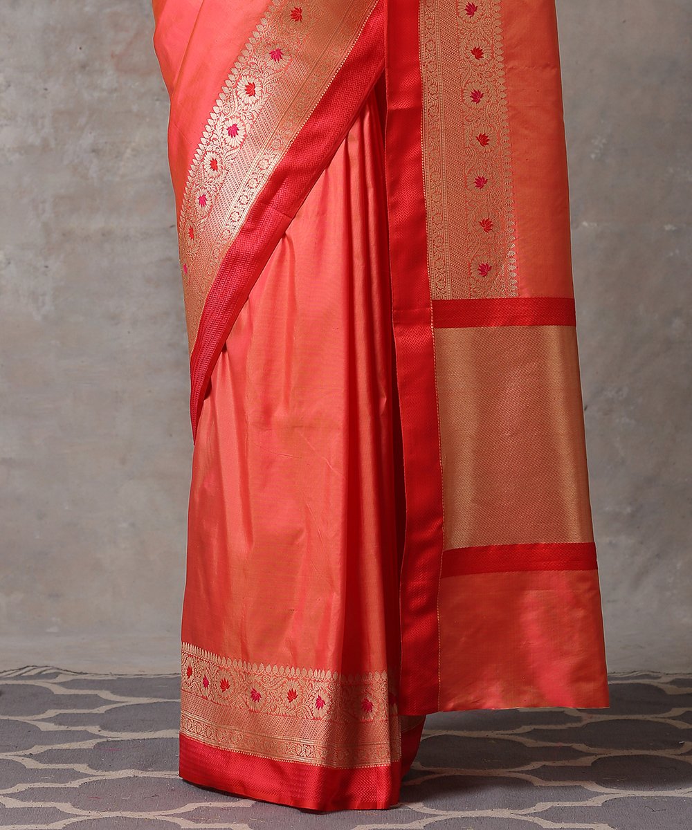 Orange_Handloom_Pure_Katan_Silk_Plain_Banarasi_Saree_With_Red_Border_WeaverStory_04