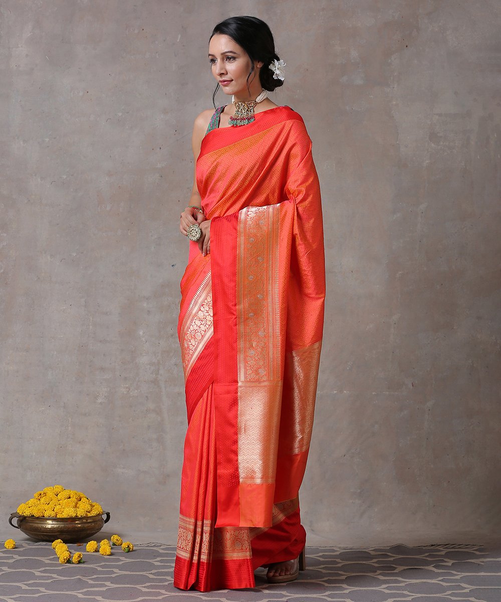 Orange_Handloom_Pure_Katan_Silk_Tanchoi_Banarasi_Saree_With_Red_Satin_Border_WeaverStory_02