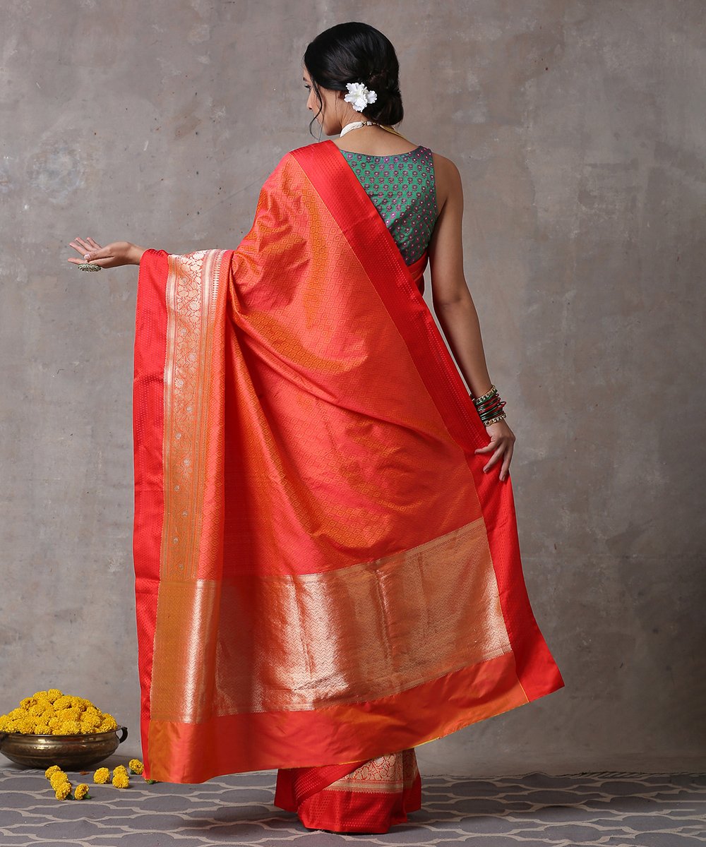Orange_Handloom_Pure_Katan_Silk_Tanchoi_Banarasi_Saree_With_Red_Satin_Border_WeaverStory_03
