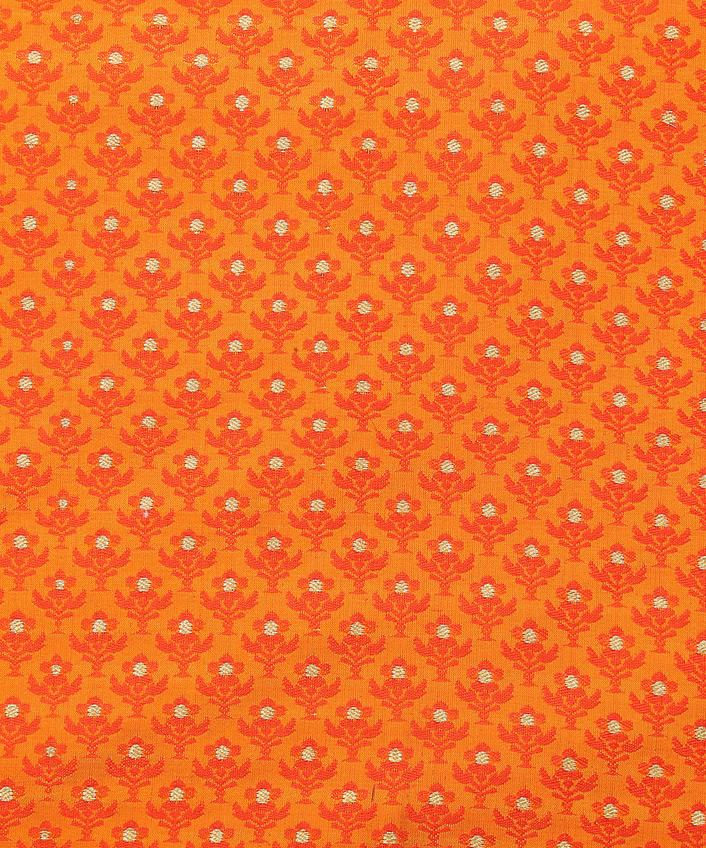 Orange Handloom Pure Katan Silk Tanchoi Banarasi Fabric With Zari Booti