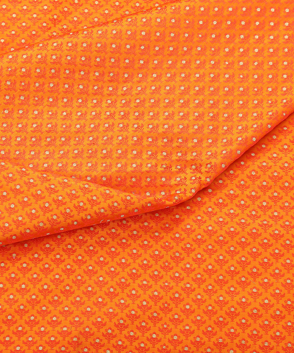 Orange Handloom Pure Katan Silk Tanchoi Banarasi Fabric With Zari Booti