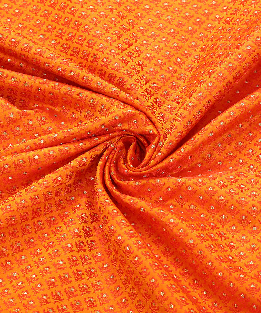 Orange Handloom Pure Katan Silk Tanchoi Banarasi Fabric With Zari Booti