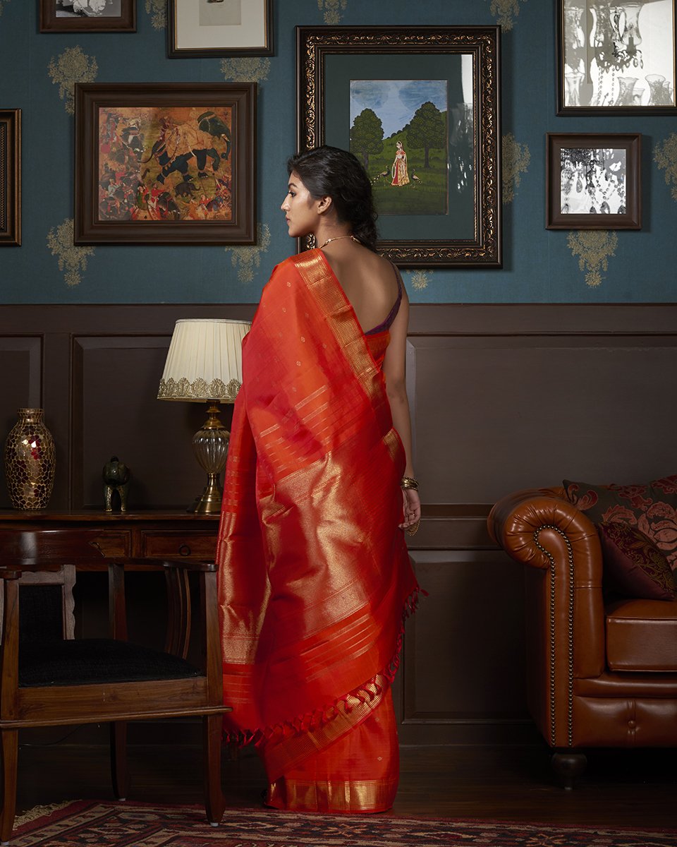 Orange_Handloom_Pure_Silk_Kanjivaram_Saree_with_Gold_Zari_Motifs_WeaverStory_03