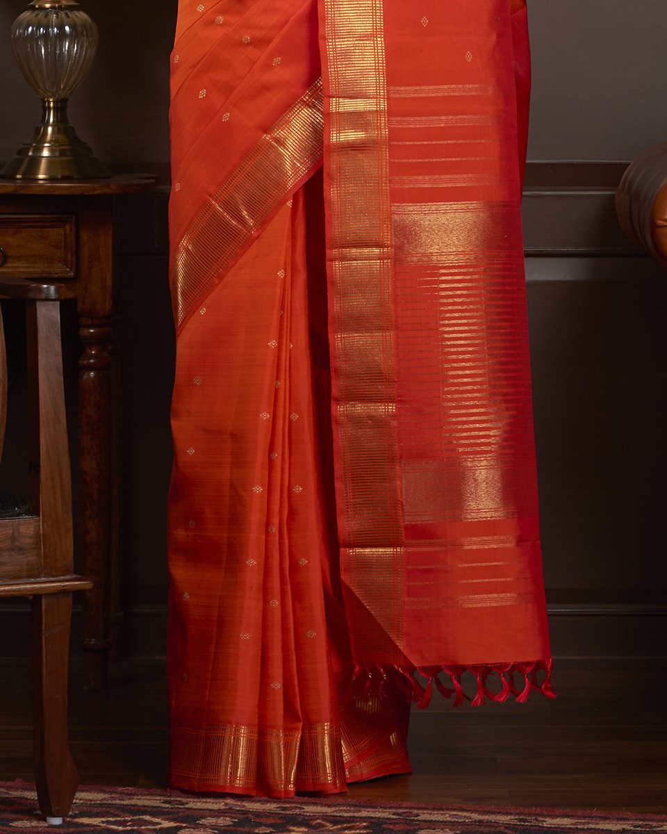 Orange_Handloom_Pure_Silk_Kanjivaram_Saree_with_Gold_Zari_Motifs_WeaverStory_04