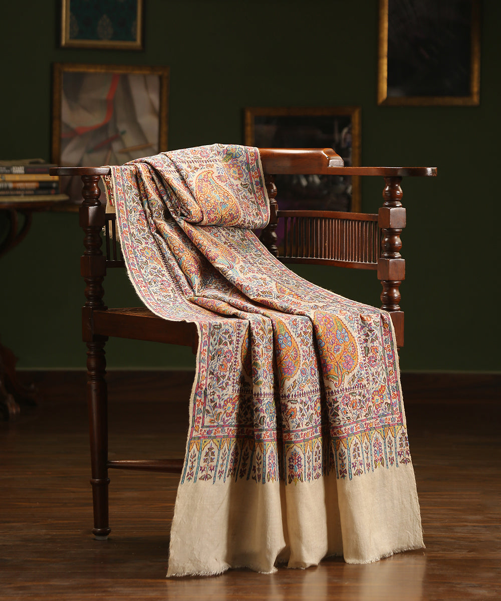 Handwoven Ivory Pure Pashmina Shawl With Mustard Leaf Motifs In Aari A –  WeaverStory