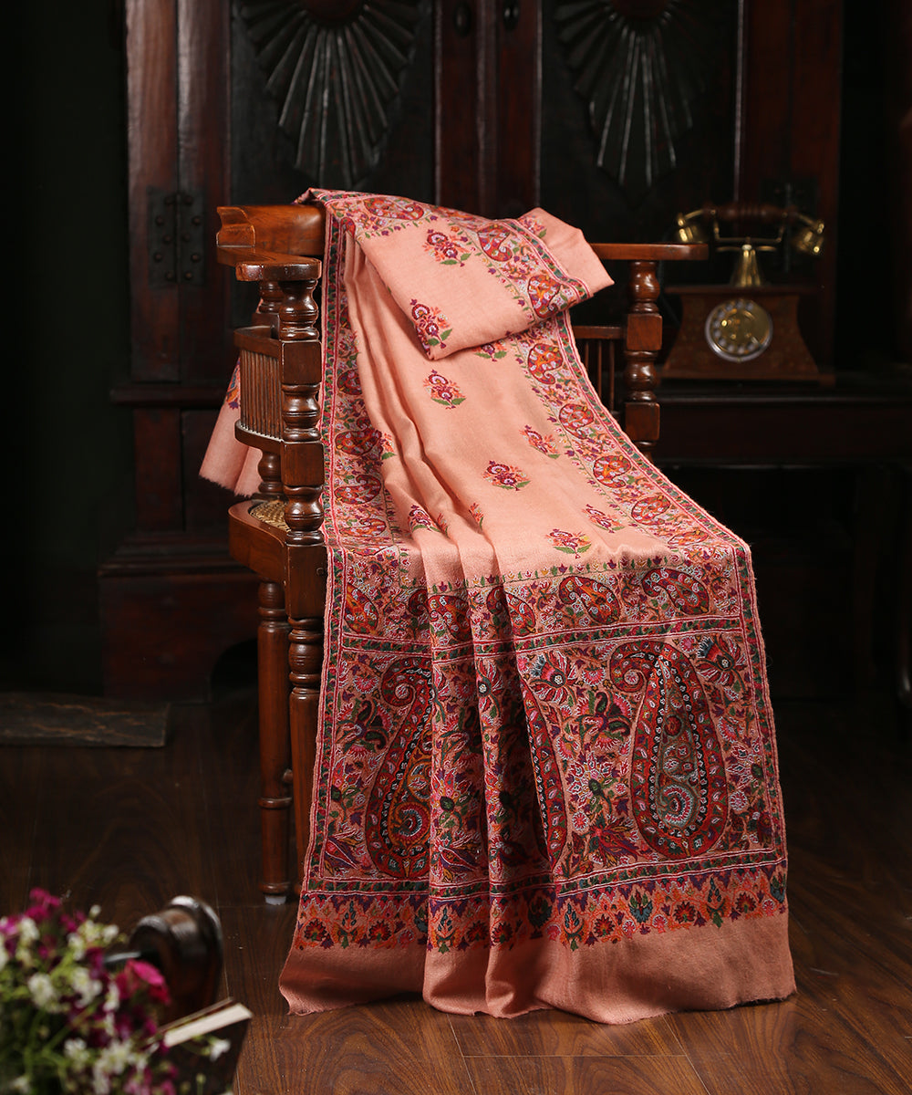 Handwoven_Peach_Pure_Pashmina_Shawl_With_Kashidakari_And_Paper_Mache_Work_WeaverStory_01