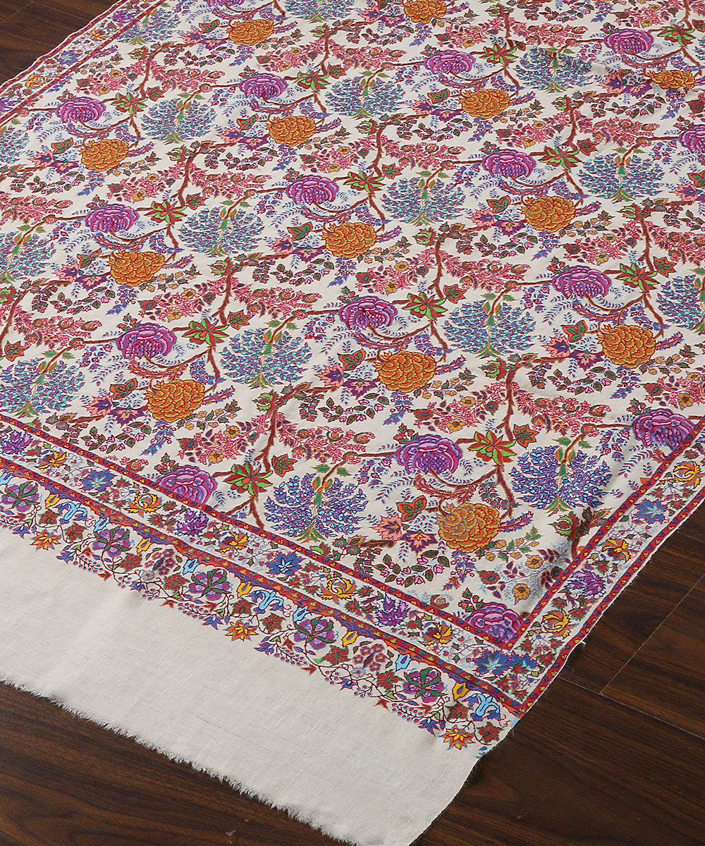 White_Handwoven_Kalamkari_Pure_Pashmina_Shawl_With_Paper_Mache_Work_And_Kashidakari_WeaverStory_03