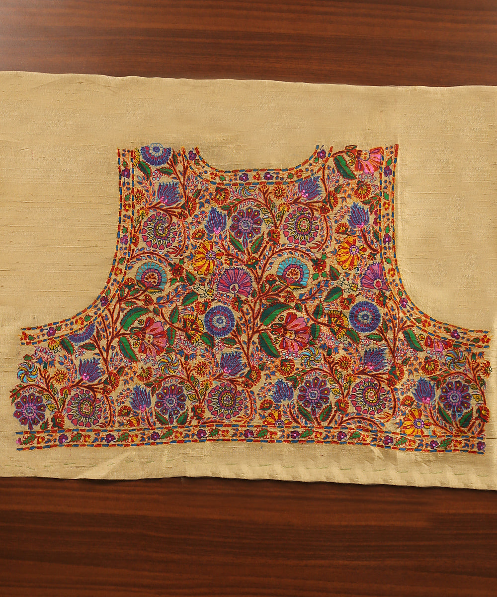 Ivory_Raw_Silk_Hand_Embroidered_Blouse_Fabric_With_Colorful_Flowers_And_Sozni_Kari_And_Kalamkari_WeaverStory_02
