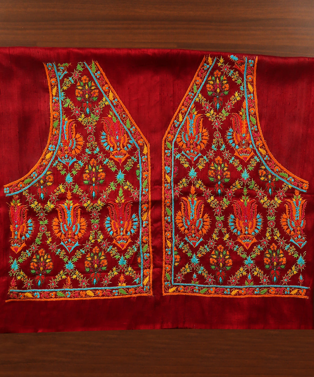 Maroon_Raw_Silk_Hand_Embroidered_Blouse_Fabric_With_Colorful_Paisley_And_Toher_Design_WeaverStory_02