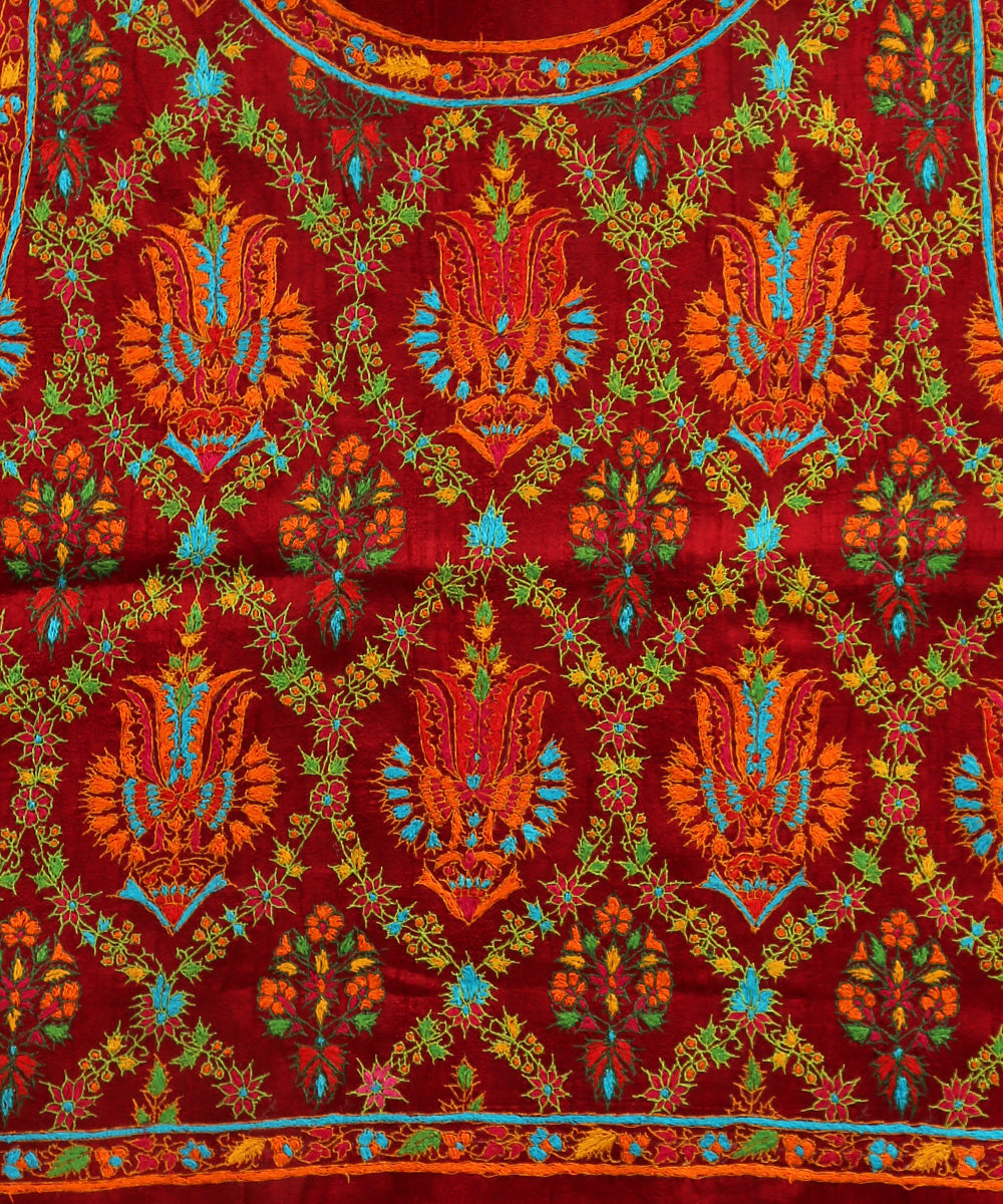 Maroon_Raw_Silk_Hand_Embroidered_Blouse_Fabric_With_Colorful_Paisley_And_Toher_Design_WeaverStory_04