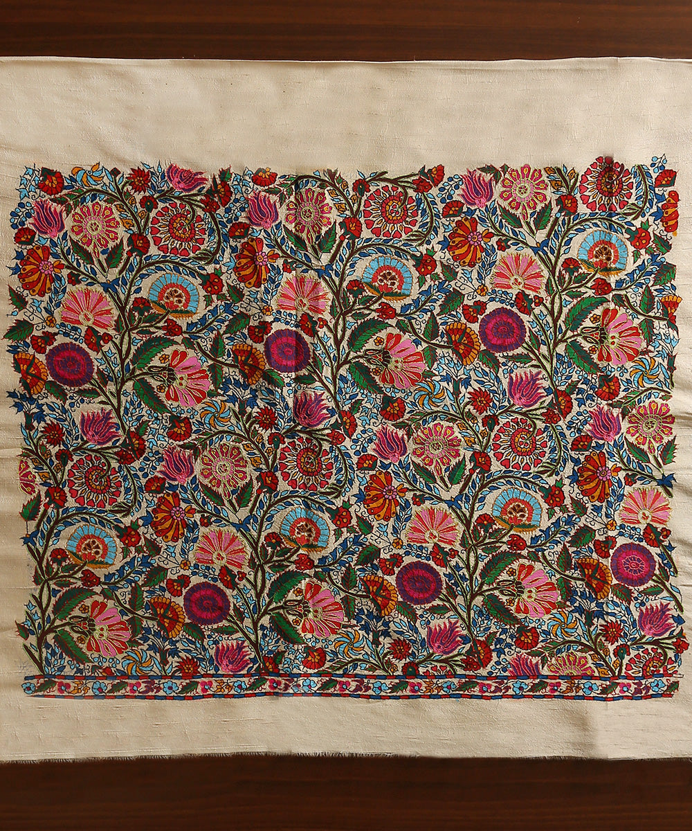 Ivory_Raw_Silk_Colorful_Blouse_Fabric_With_Kalamkari_And_Sozni_Kari_WeaverStory_03