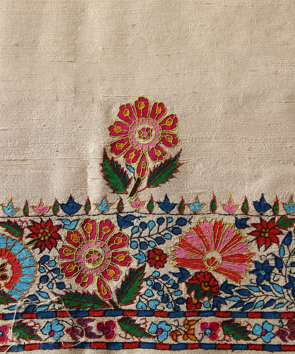 Ivory_Raw_Silk_Colorful_Blouse_Fabric_With_Kalamkari_And_Sozni_Kari_WeaverStory_05