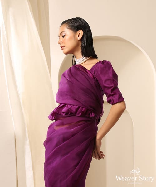 Purple_Organza_Saree_With_Tonal_Plain_Silk_Blouse_WeaverStory_01
