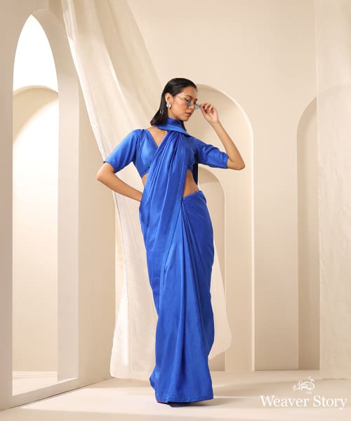Royal_Blue_Pure_Silk_Saree_Paired_With_Plain_Silk_Tonal_blouse_WeaverStory_02