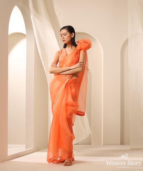 Peach_Fuzz_Organza_Saree_With_Tonal_Blouse_In_Organza_WeaverStory_02