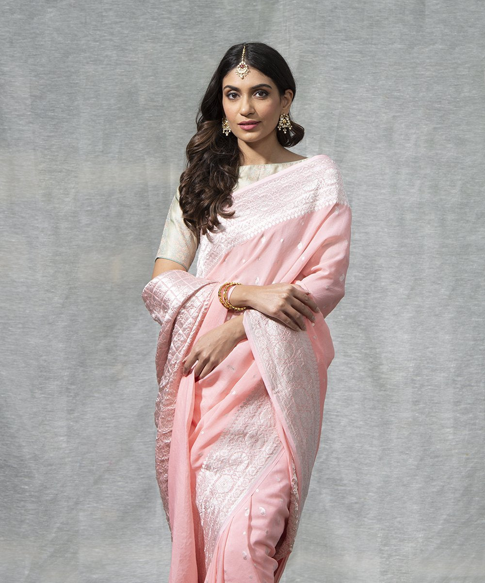 Peach_Handloom_Kadhwa_Georgette_Banarasi_Saree_with_Booti_Design_WeaverStory_01