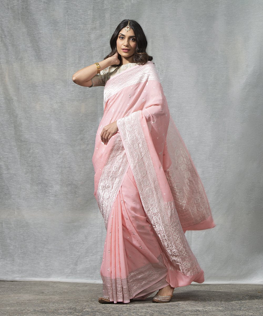 Peach_Handloom_Kadhwa_Georgette_Banarasi_Saree_with_Booti_Design_WeaverStory_02