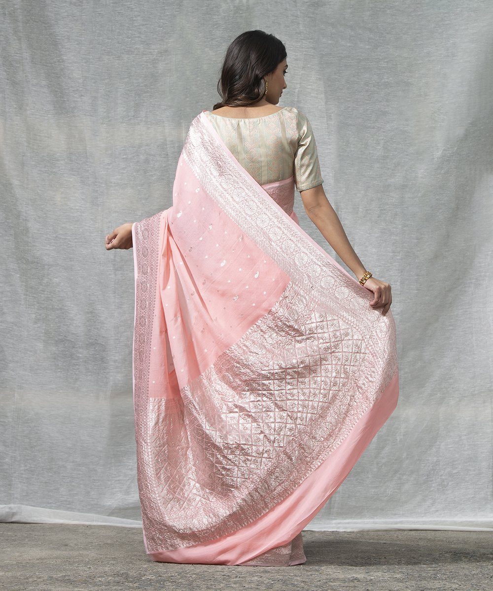 Peach_Handloom_Kadhwa_Georgette_Banarasi_Saree_with_Booti_Design_WeaverStory_03