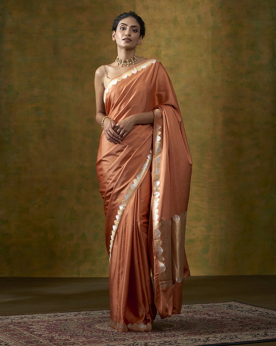 Peach_Handloom_Plain_Satin_Banarasi_Saree_with_Gold_and_Silver_Zari_Border_WeaverStory_02
