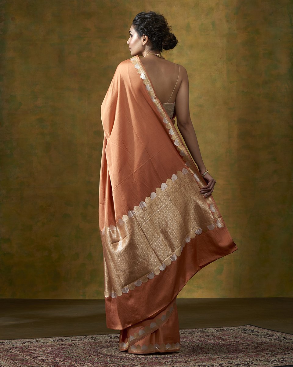 Peach_Handloom_Plain_Satin_Banarasi_Saree_with_Gold_and_Silver_Zari_Border_WeaverStory_03