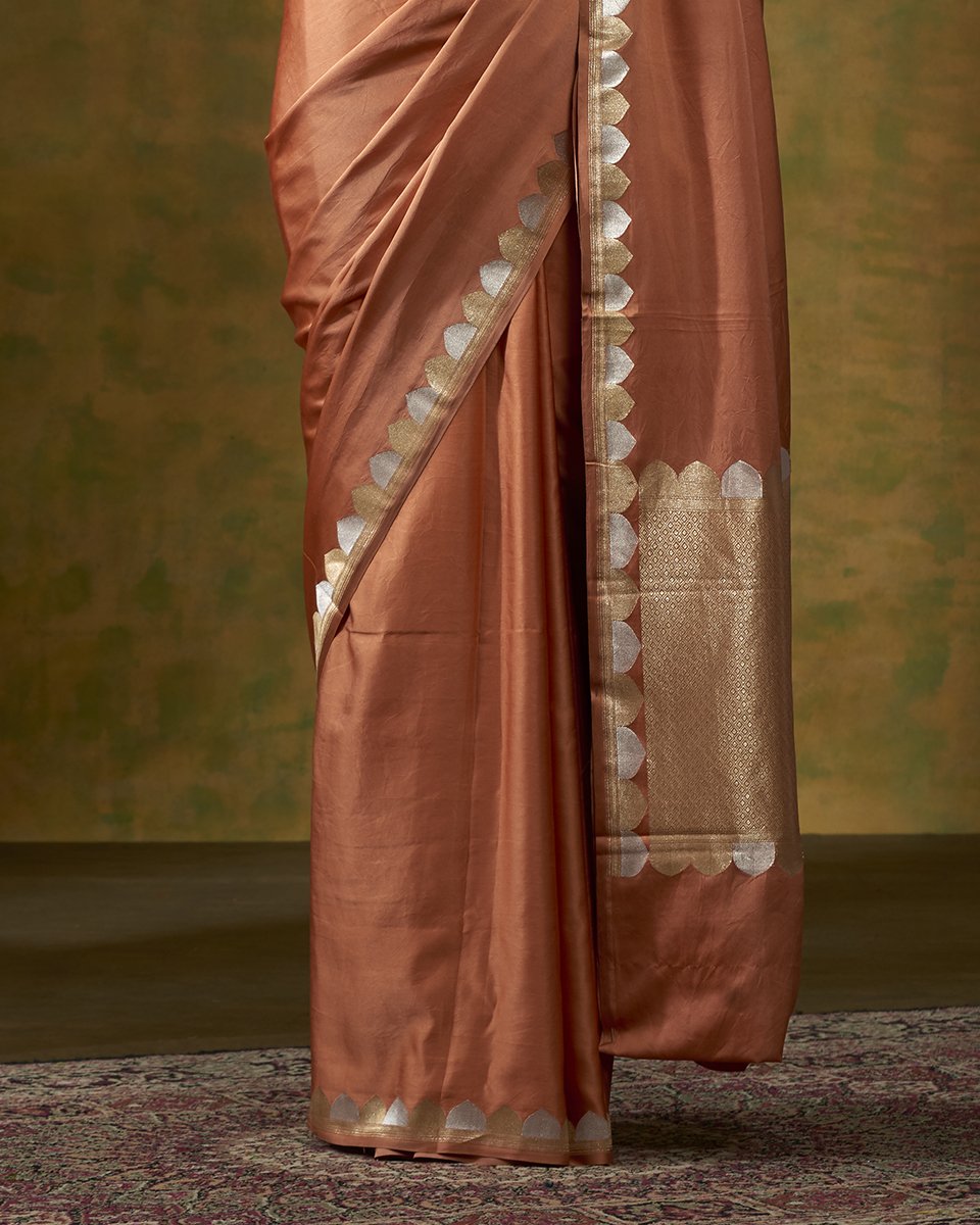 Peach_Handloom_Plain_Satin_Banarasi_Saree_with_Gold_and_Silver_Zari_Border_WeaverStory_04
