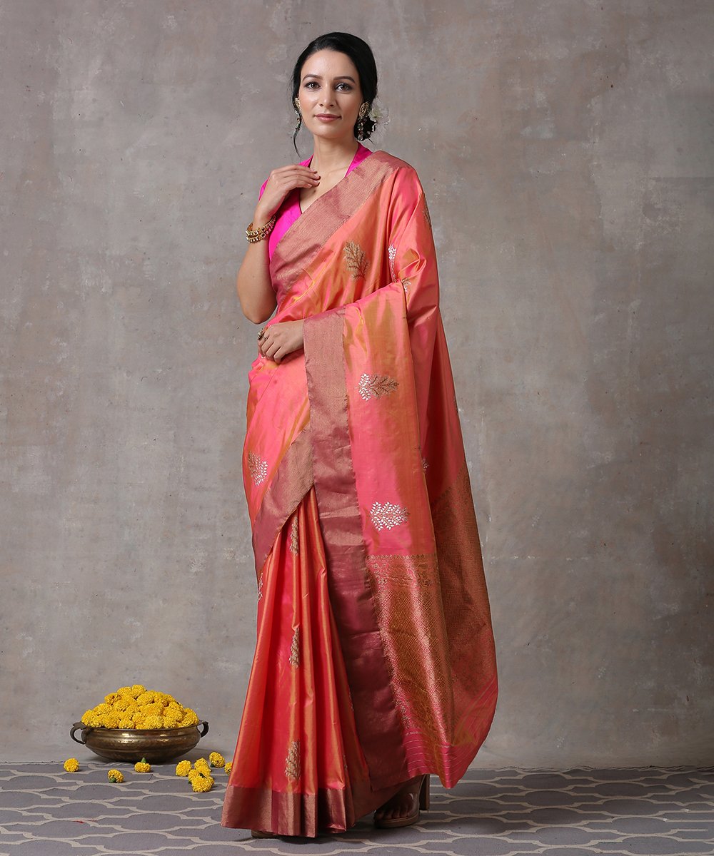 Peach_Handloom_Pure_Katan_Silk_Banarasi_Saree_with_Silver_Leaf_Booti_and_Antique_Zari_Border_WeaverStory_02
