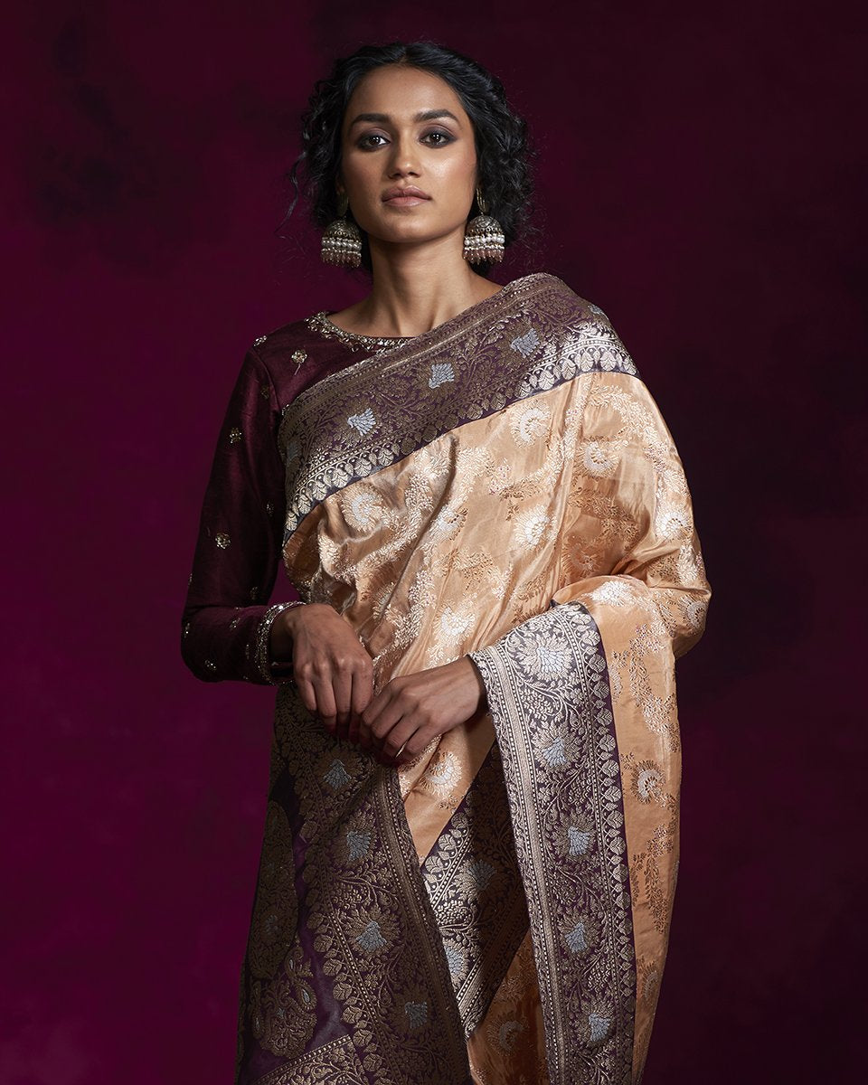 Peach_Handloom_Tissue_Banarasi_Saree_with_Jangla_Design_and_Brown_Border_WeaverStory_01