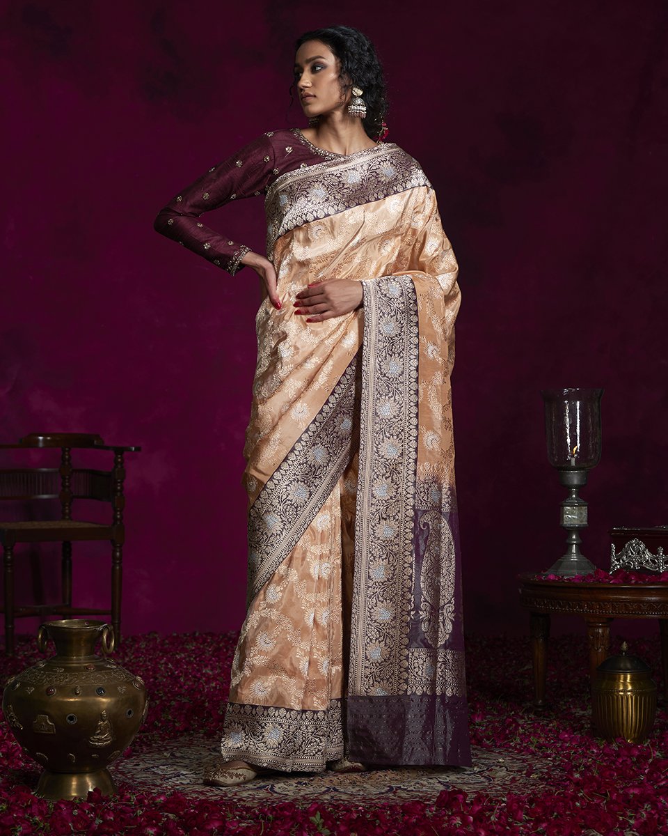 Peach_Handloom_Tissue_Banarasi_Saree_with_Jangla_Design_and_Brown_Border_WeaverStory_02