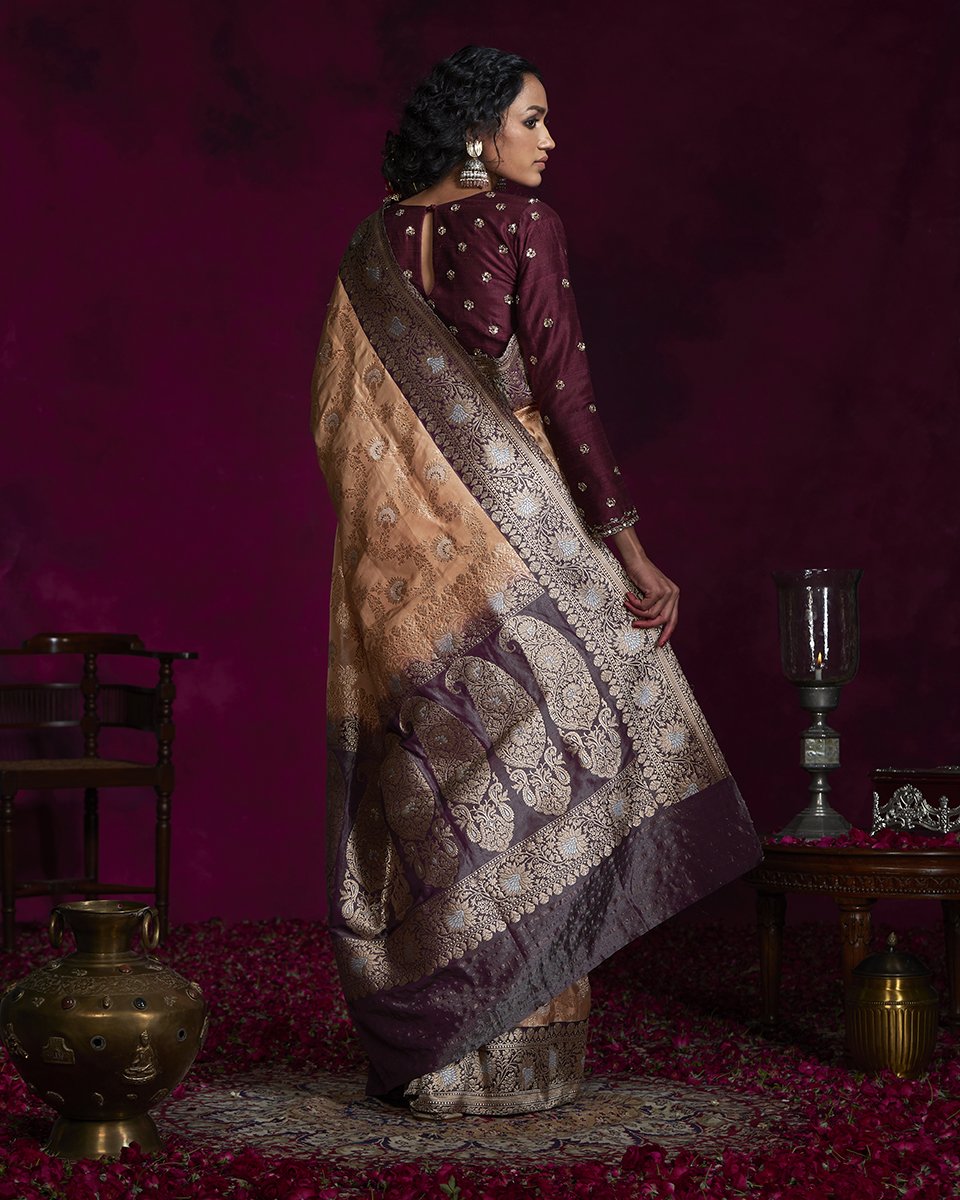 Peach_Handloom_Tissue_Banarasi_Saree_with_Jangla_Design_and_Brown_Border_WeaverStory_03