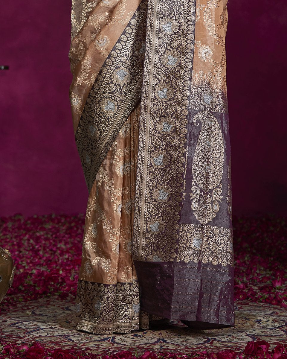 Peach_Handloom_Tissue_Banarasi_Saree_with_Jangla_Design_and_Brown_Border_WeaverStory_04