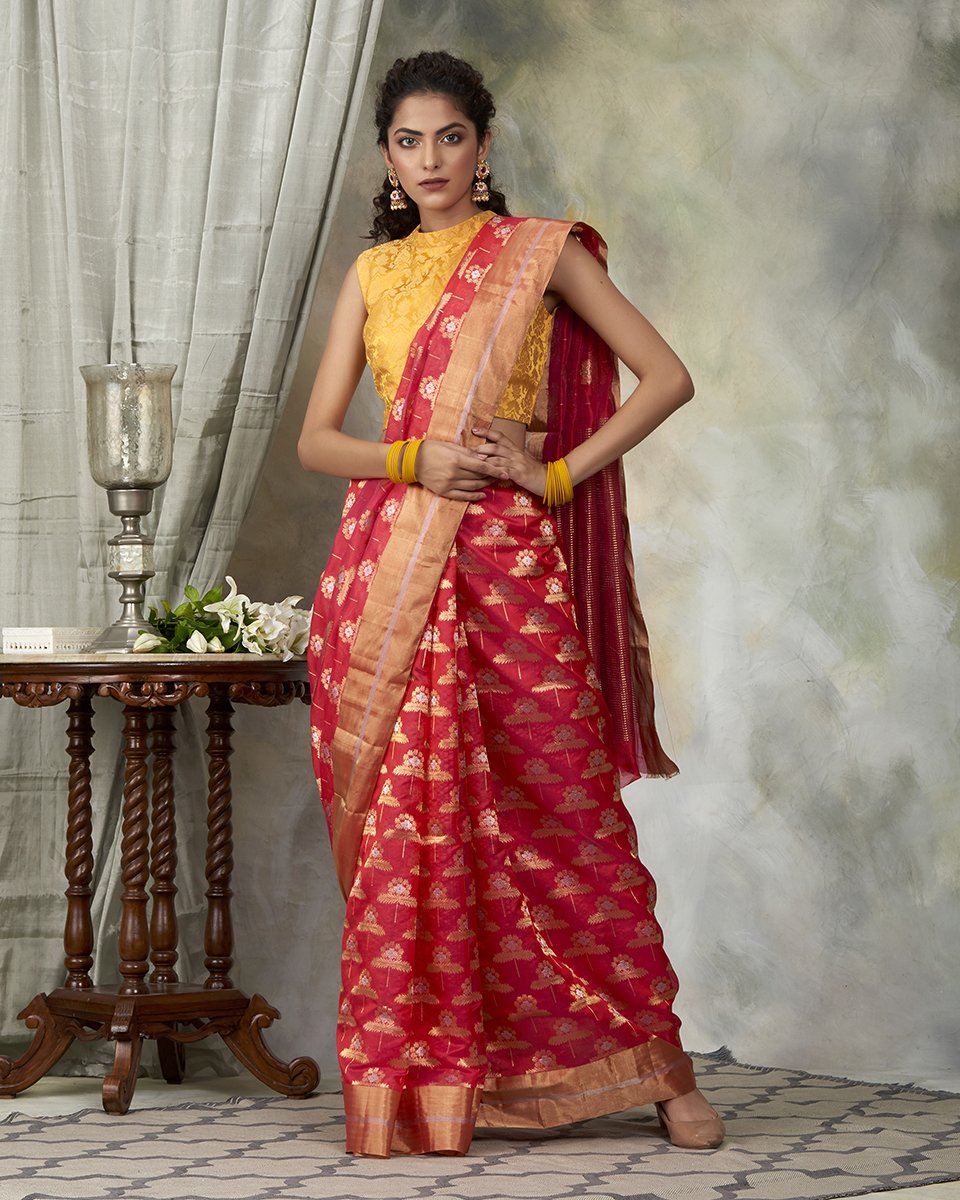 Pink_Handloom_Chanderi_Silk_Saree_with_Sunflower_Motifs_woven_all_over_WeaverStory_02