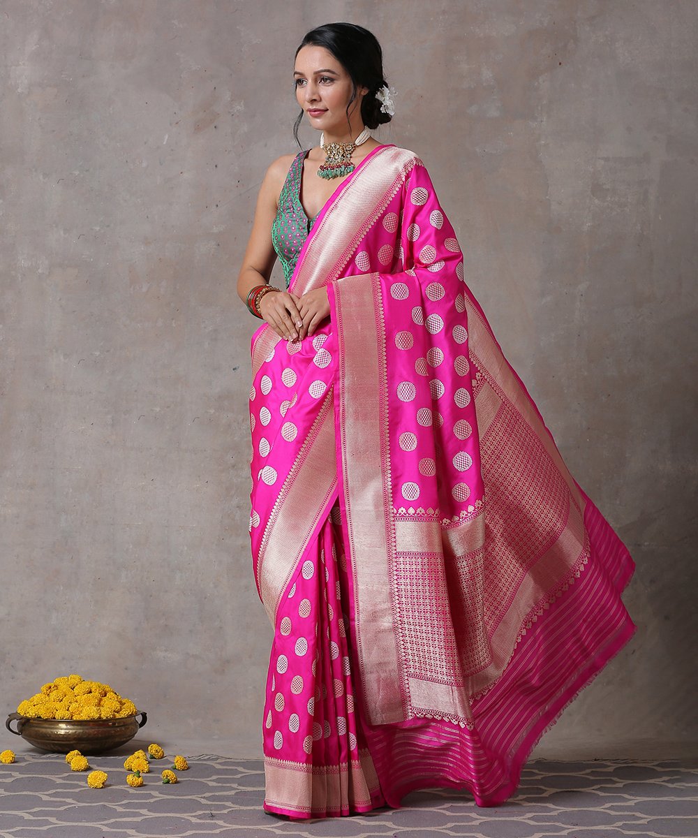 Pink_Handloom_Pure_Katan_Silk_Banarasi_Saree_with_Kadhwa_Jaal_and_Big_Polka_Dots_WeaverStory_02
