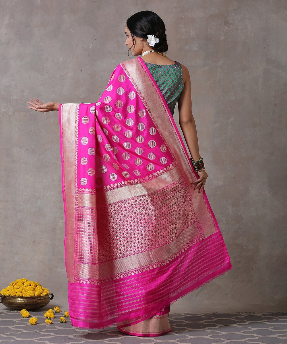 Pink_Handloom_Pure_Katan_Silk_Banarasi_Saree_with_Kadhwa_Jaal_and_Big_Polka_Dots_WeaverStory_03