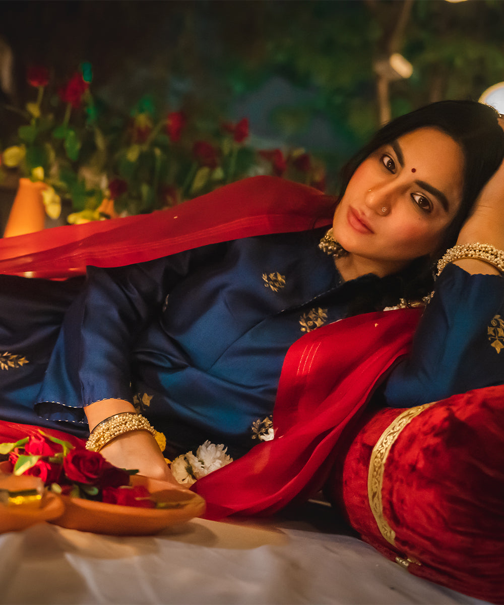 Priya Malik In Handloom Deep Blue Chanderi Kurta Set Ready To Wear Silk Ensembles