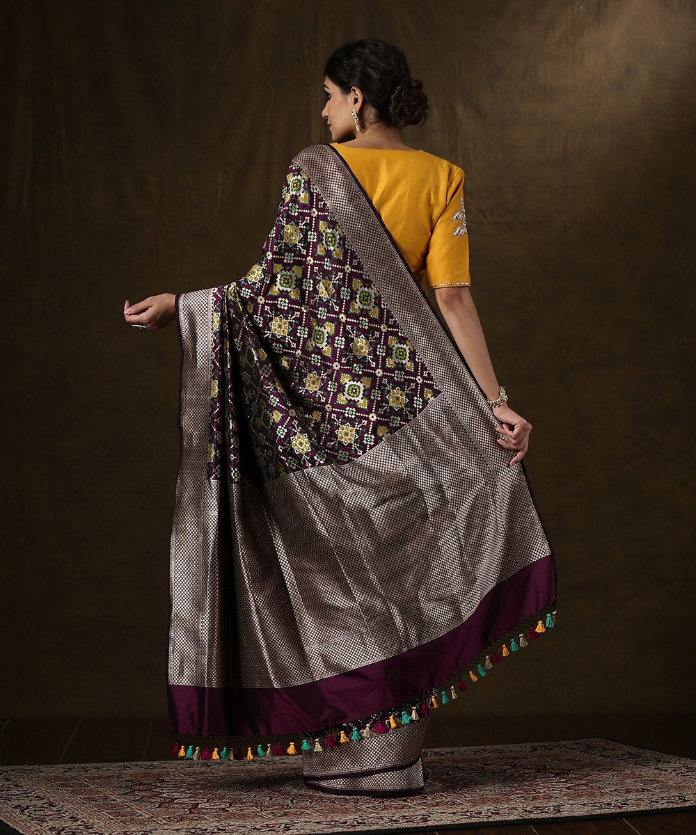 Purple_Double_warp_Banarasi_Patola_Saree_With_Green_And_Mustard_Meenakari_WeaverStory_03
