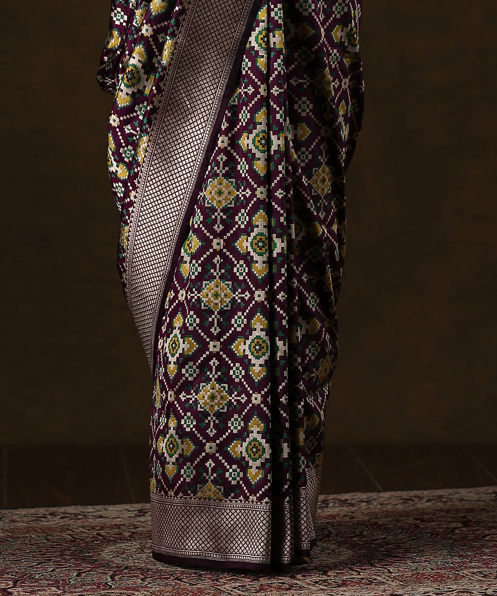 Purple_Double_warp_Banarasi_Patola_Saree_With_Green_And_Mustard_Meenakari_WeaverStory_04