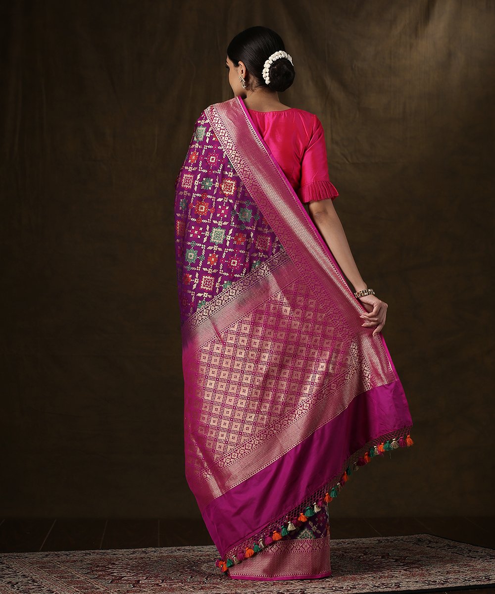 Purple_Handloom_Banarasi_Patola_Saree_With_Pink_Border_WeaverStory_03