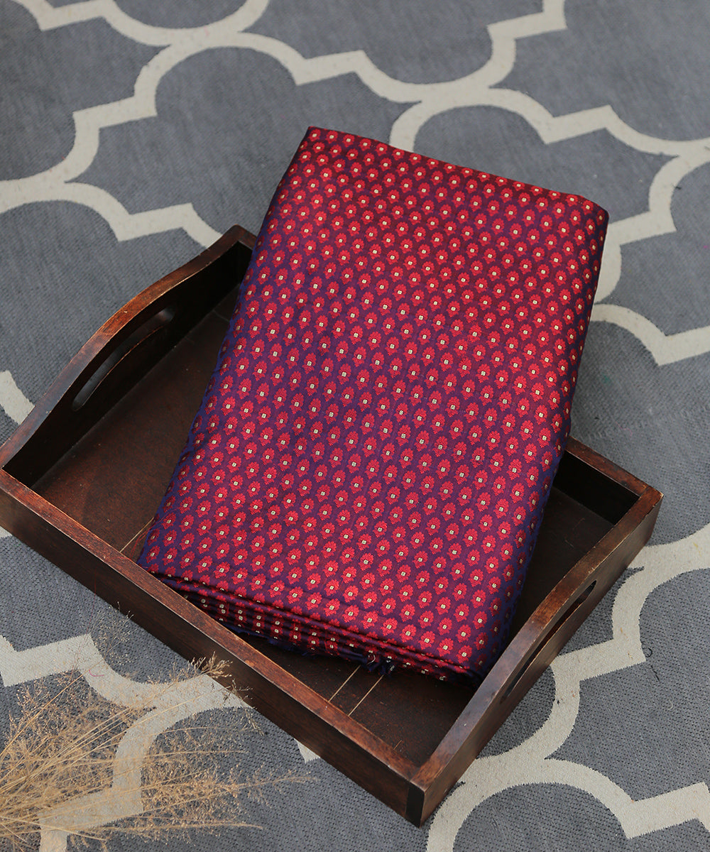 Purple And Red Dual Tone Handloom Pure Katan Silk Tanchoi Banarasi Zari Booti Fabric