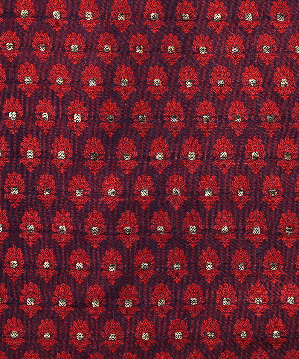 Purple And Red Dual Tone Handloom Pure Katan Silk Tanchoi Banarasi Zari Booti Fabric