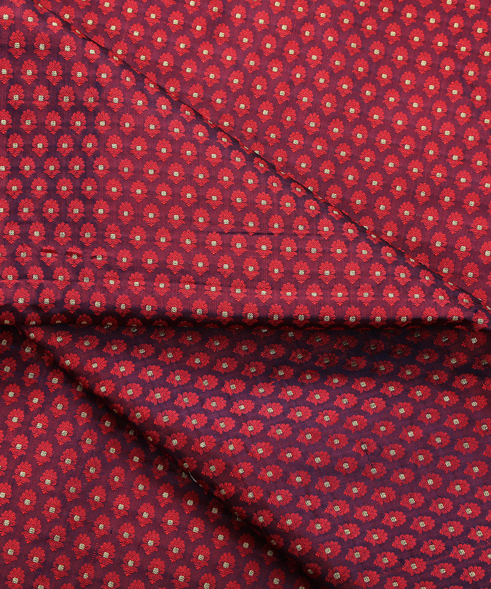 Purple And Red Dual Tone Handloom Pure Katan Silk Tanchoi Banarasi Zari Booti Fabric