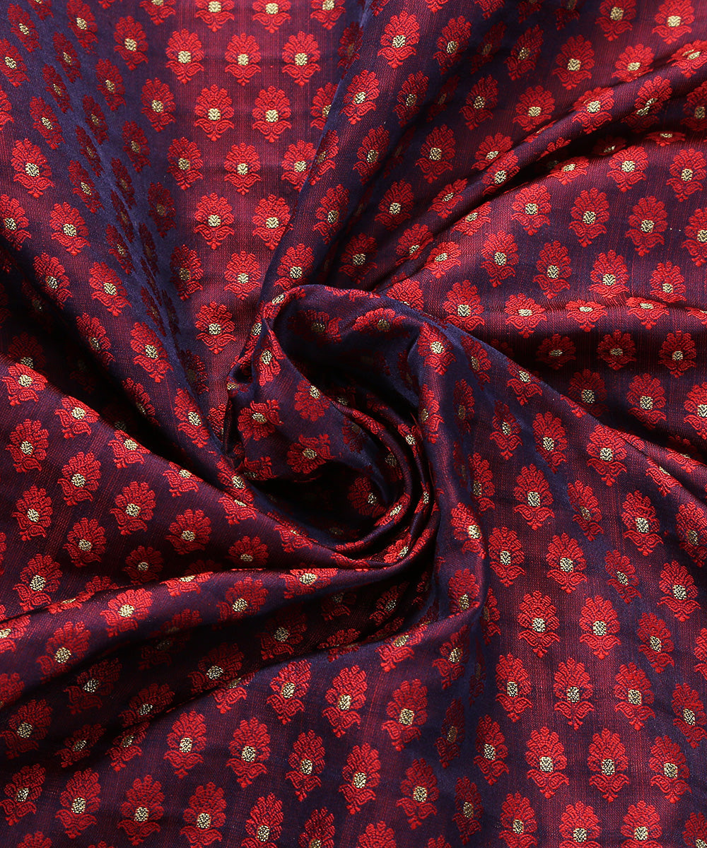 Purple And Red Dual Tone Handloom Pure Katan Silk Tanchoi Banarasi Zari Booti Fabric