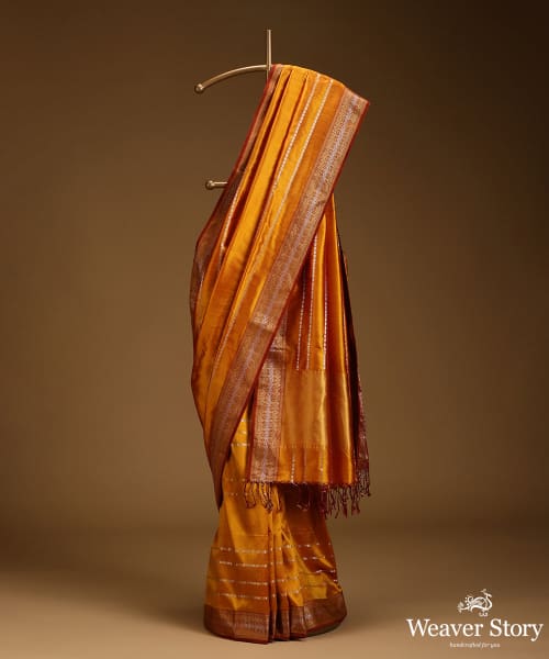 Mustard_Pure_Mulberry_Silk_Saree_With_Silver_And_Gold_Stripes_With_Stars_And_Zari_Border_WeaverStory_01