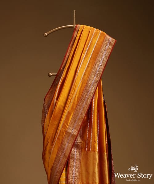 Mustard_Pure_Mulberry_Silk_Saree_With_Silver_And_Gold_Stripes_With_Stars_And_Zari_Border_WeaverStory_02