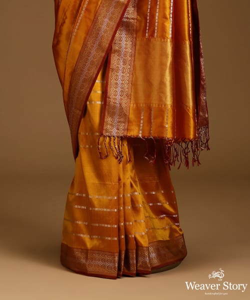 Mustard_Pure_Mulberry_Silk_Saree_With_Silver_And_Gold_Stripes_With_Stars_And_Zari_Border_WeaverStory_03