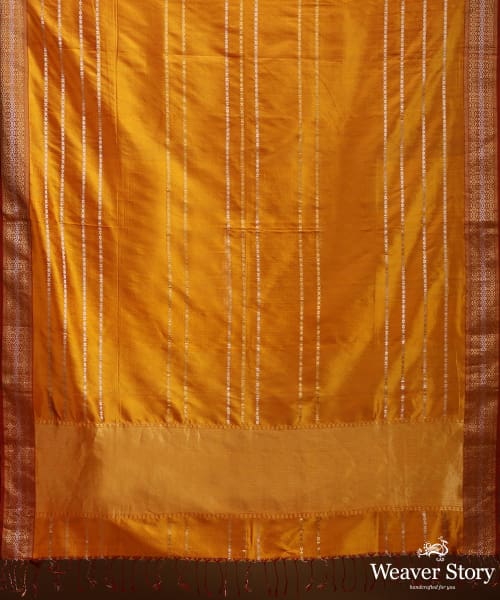 Mustard_Pure_Mulberry_Silk_Saree_With_Silver_And_Gold_Stripes_With_Stars_And_Zari_Border_WeaverStory_05