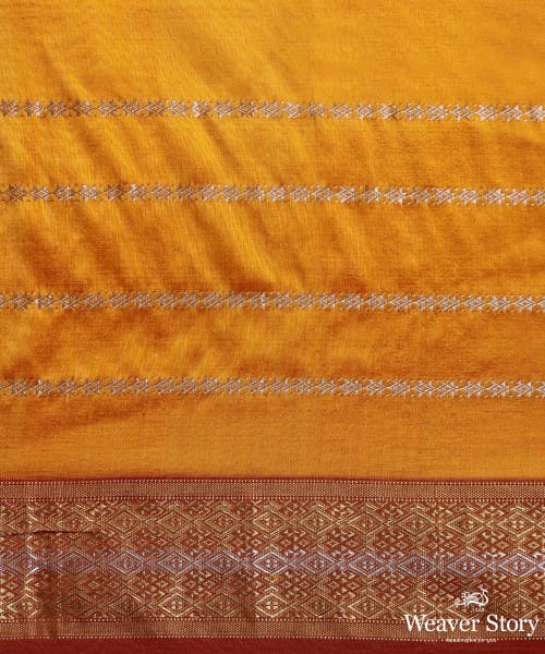 Mustard_Pure_Mulberry_Silk_Saree_With_Silver_And_Gold_Stripes_With_Stars_And_Zari_Border_WeaverStory_06