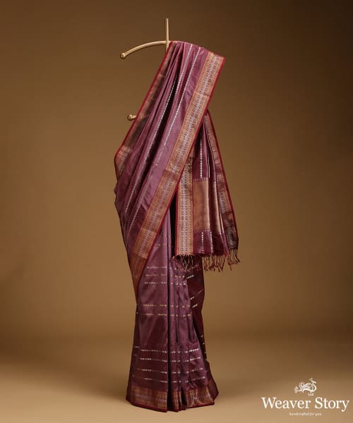 Mauve_Pure_Mulberry_Silk_Saree_With_Silver_And_Gold_Stripes_With_Stars_And_Zari_Border_WeaverStory_01