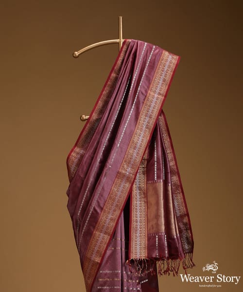 Mauve_Pure_Mulberry_Silk_Saree_With_Silver_And_Gold_Stripes_With_Stars_And_Zari_Border_WeaverStory_02